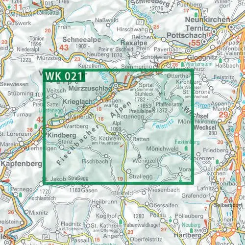 Alpy Fischbauch północno-wschodnia Styria mapa turystyczna 1:50 000 Freytag & Berndt Fischbacher Alpen, Roseggers Waldheimat, Mürzzuschlag
