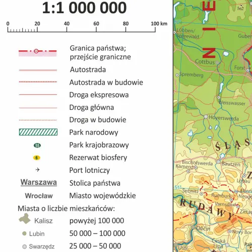Polska mapa ścienna fizyczna na podkładzie do wpinania znaczników, 1:1 000 000