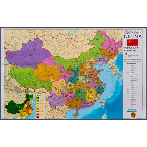 Chiny mapa ścienna kody pocztowe na podkładzie do wpinania 1:4 000 000