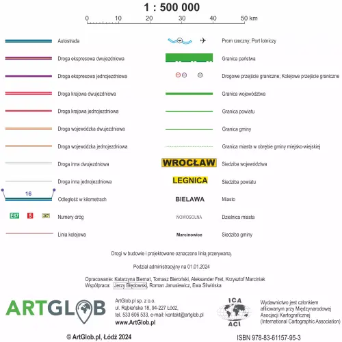 Polska mapa ścienna administracyjno-drogowa z tablicami rejestracyjnymi arkusz papierowy, 1:500 000, ArtGlob