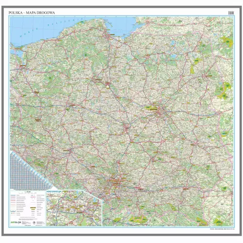 Polska mapa ścienna drogowa na podkładzie do wpinania znaczników 1:350 000, ArtGlob