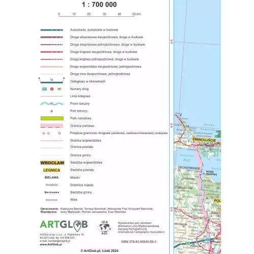 Polska mapa ścienna drogowa na podkładzie do wpinania, 1:700 000, ArtGlob