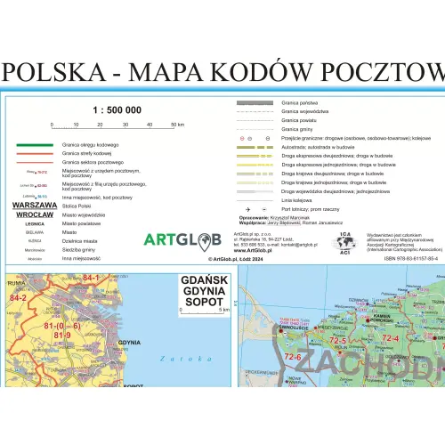 Polska mapa ścienna kody pocztowe arkusz laminowany, 1:500 000, ArtGlob