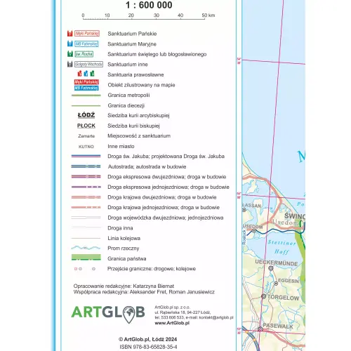 Polska mapa ścienna sanktuariów na podkładzie do wpinania, 1:600 000, ArtGlob