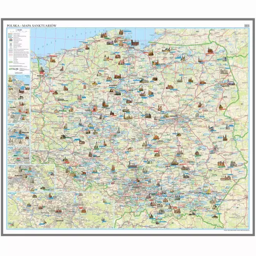 Polska mapa ścienna sanktuariów na podkładzie do wpinania, 1:600 000, ArtGlob