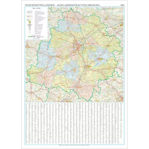 Województwo łódzkie mapa ścienna administracyjno-drogowa arkusz laminowany 1:200 000, ArtGlob