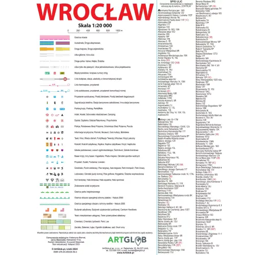 Wrocław mapa ścienna na podkładzie do wpinania, 1:20 000, ArtGlob