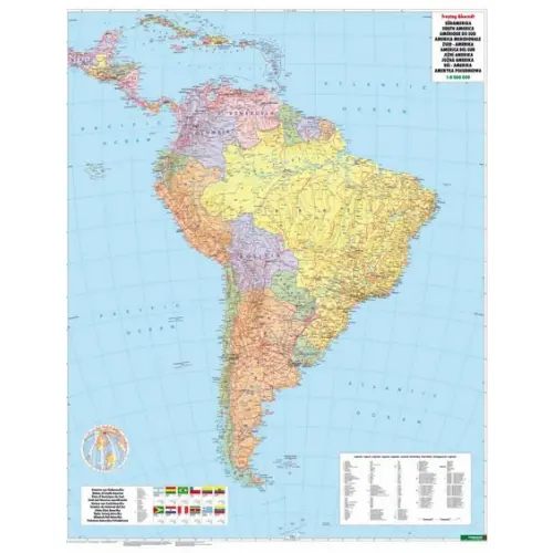 Ameryka Południowa mapa ścienna polityczno-fizyczna arkusz laminowany 1:8 000 000