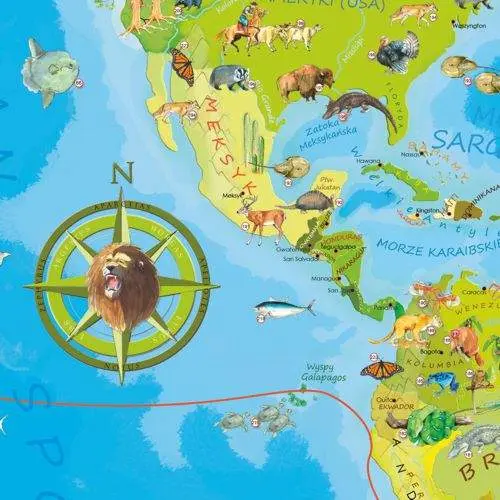 Zwierzęta Świata Młodego Odkrywcy mapa ścienna dla dzieci na podkładzie