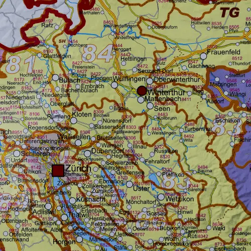 Szwajcaria mapa ścienna kody pocztowe na podkładzie magnetycznym 1:400 000