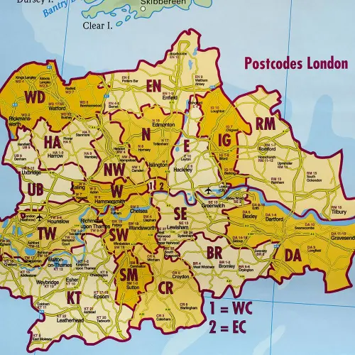 Wielka Brytania mapa ścienna kody pocztowe na podkładzie 1:1 200 000