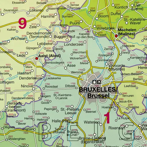 Benelux Belgia Holandia Luksemburg mapa ścienna kody pocztowe na podkładzie 1:420 000