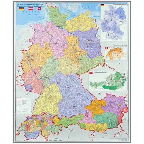 Niemcy Austria Szwajcaria mapa ścienna kody pocztowe na podkładzie 1:900 000