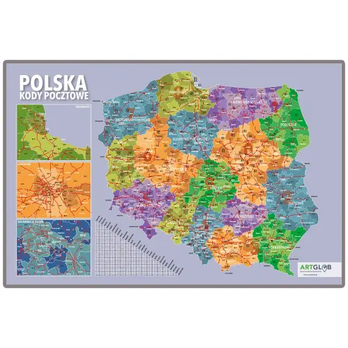 Polska mapa ścienna kody pocztowe na podkładzie