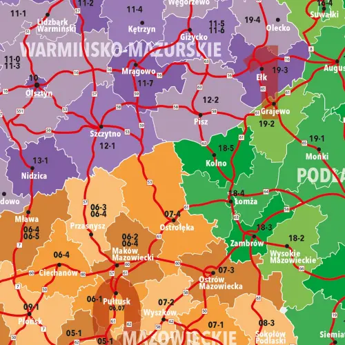 Polska mapa ścienna kody pocztowe na podkładzie