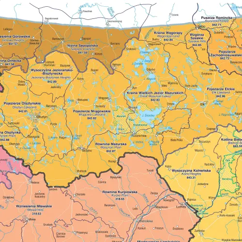 Polska - regiony fizycznogeograficzne mapa ścienna, arkusz laminowany, 1:500 000