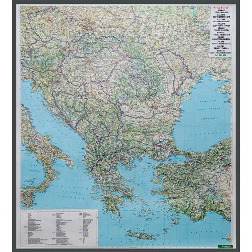Bałkany, Europa Południowa mapa ścienna samochodowa na podkładzie, 1:2 000 000